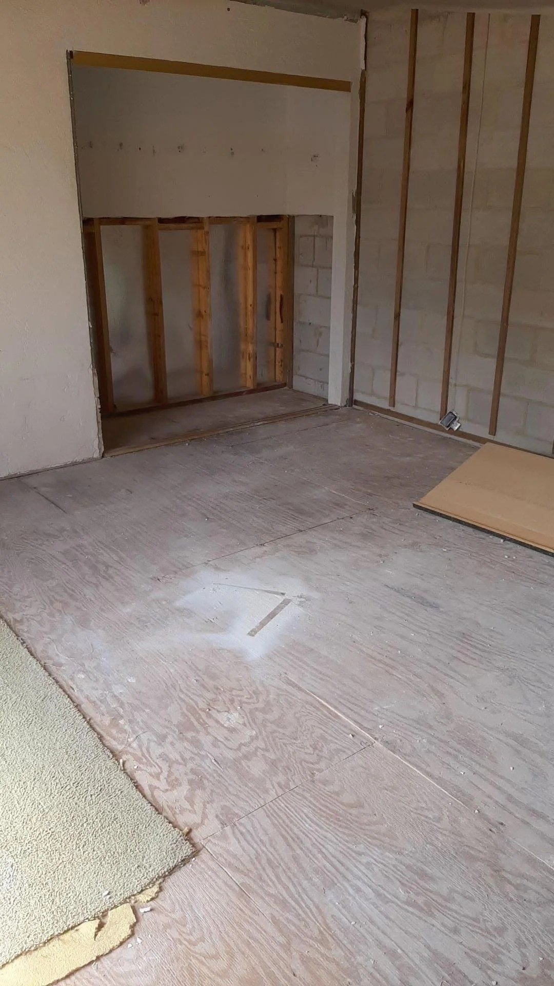 A basement wall opened to reach wet framing behind finished space