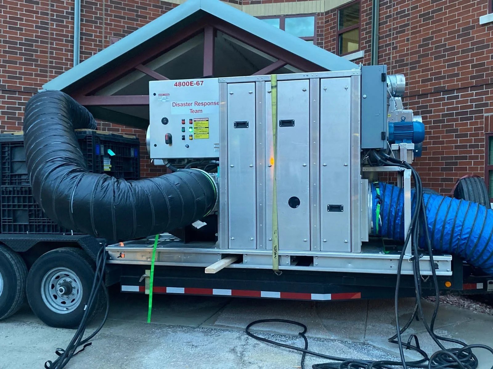 Trailer-mounted desiccant dehumidification unit with ducting connected on site