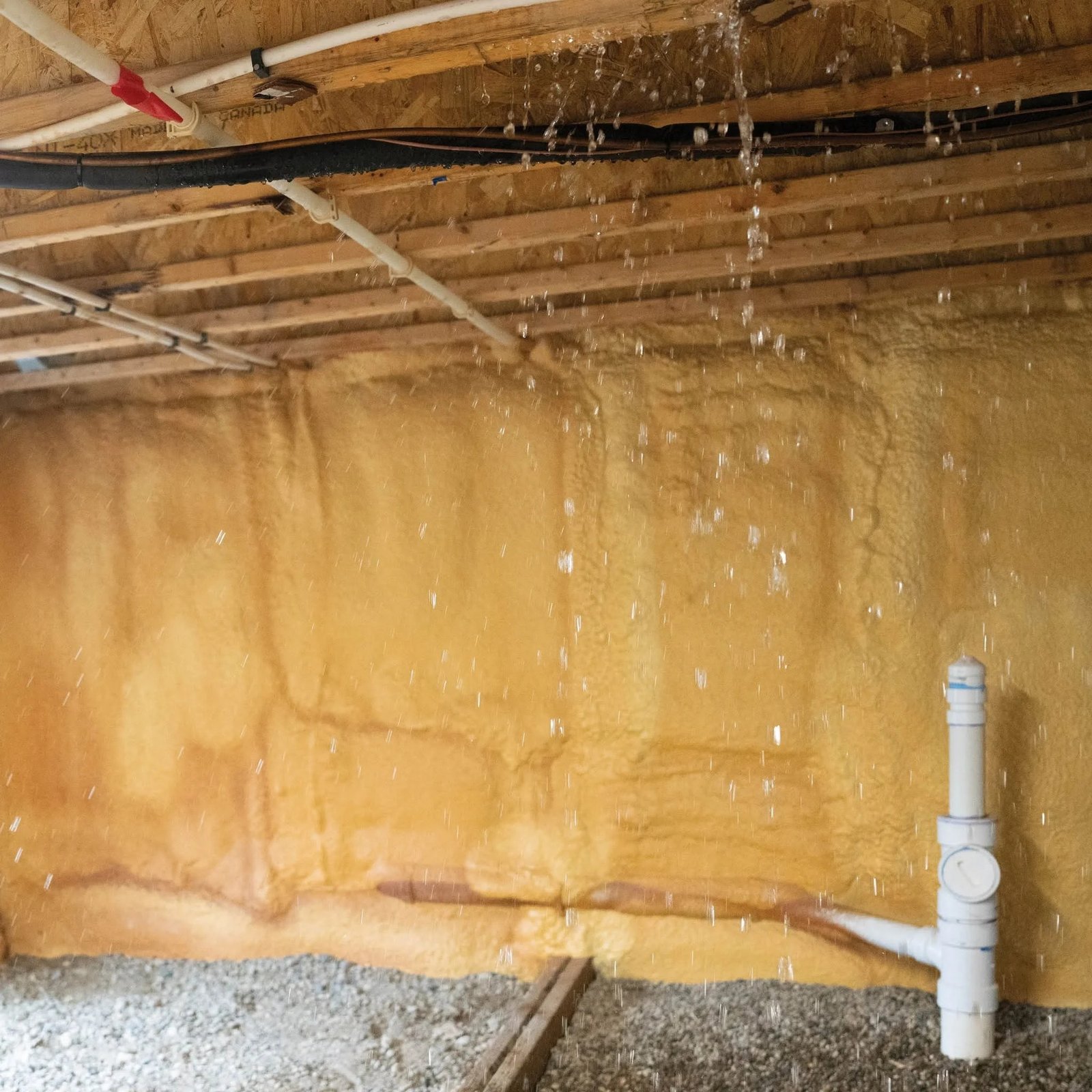Water running down a foundation wall behind exposed insulation